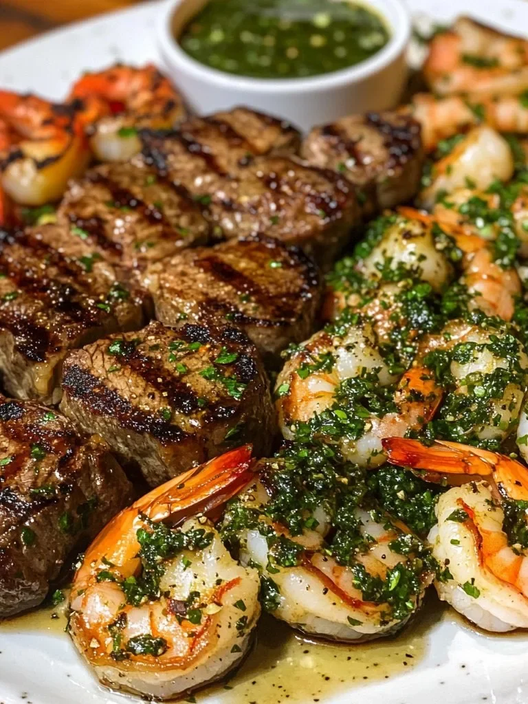 Camarones a la Parrilla y Bistec con Salsa Chimichurri