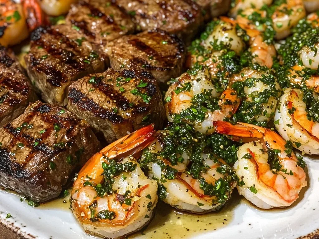 Camarones a la Parrilla y Bistec con Salsa Chimichurri