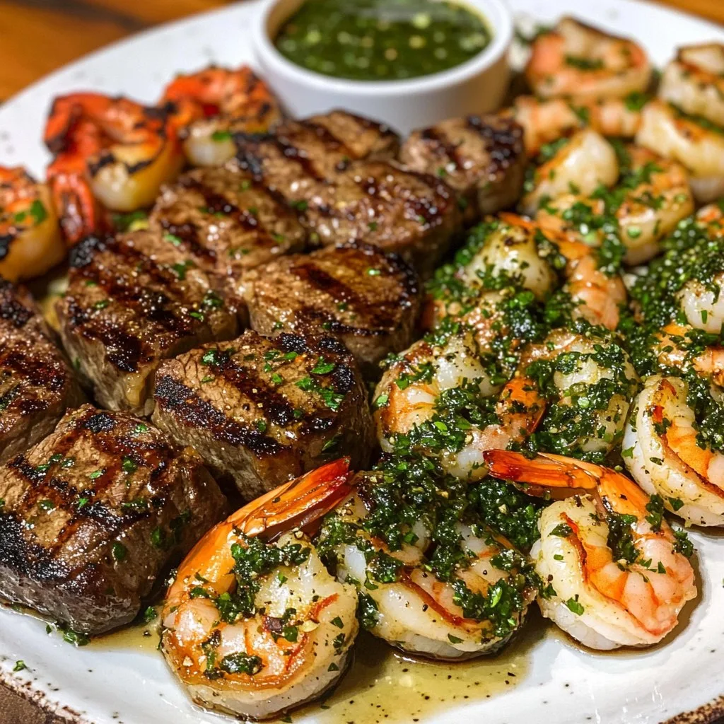 Camarones a la Parrilla y Bistec con Salsa Chimichurri