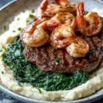 Bistec Sellado con Camarones Cajún Cremosos, Espinacas Salteadas y Puré de Papas Yukon