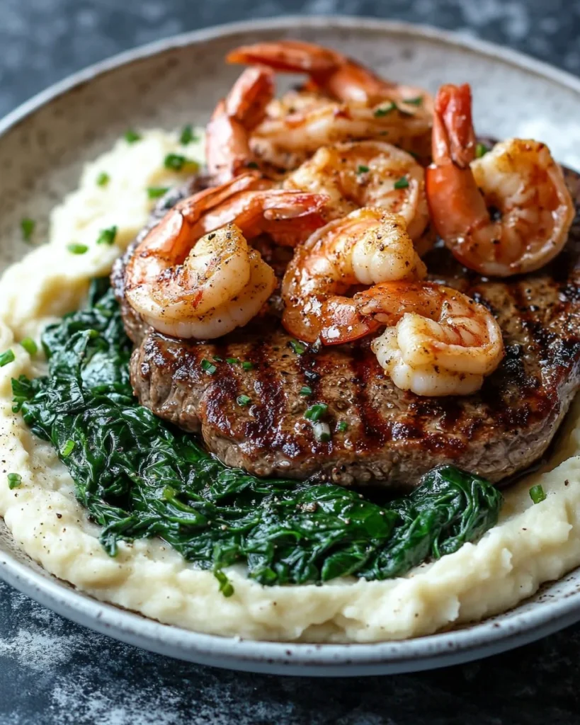 Bistec Sellado con Camarones Cajún Cremosos, Espinacas Salteadas y Puré de Papas Yukon