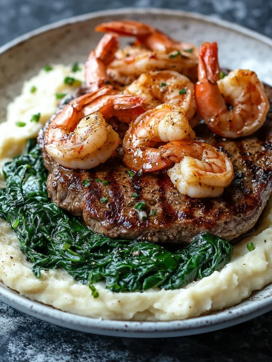 Bistec Sellado con Camarones Cajún Cremosos, Espinacas Salteadas y Puré de Papas Yukon