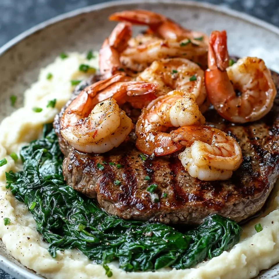 Bistec Sellado con Camarones Cajún Cremosos, Espinacas Salteadas y Puré de Papas Yukon
