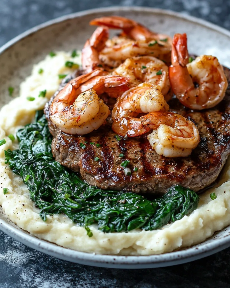 Bistec Sellado con Camarones Cajún Cremosos, Espinacas Salteadas y Puré de Papas Yukon