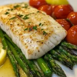 Pescado Blanco con Mantequilla de Ajo, Espárragos Asados y Tomates Cherry