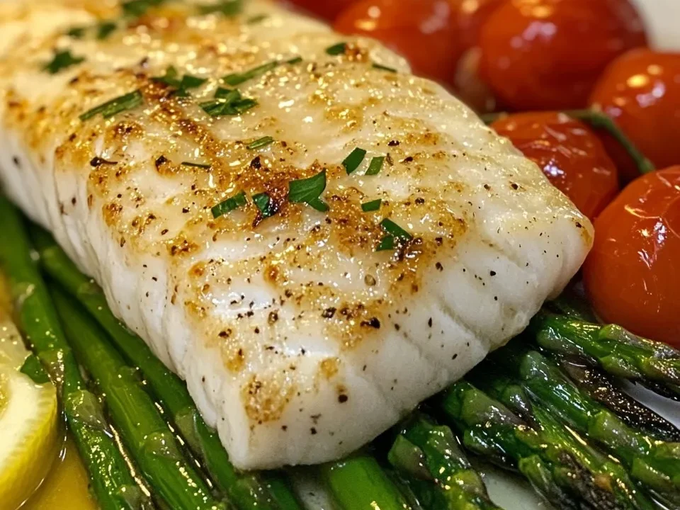 Pescado Blanco con Mantequilla de Ajo, Espárragos Asados y Tomates Cherry