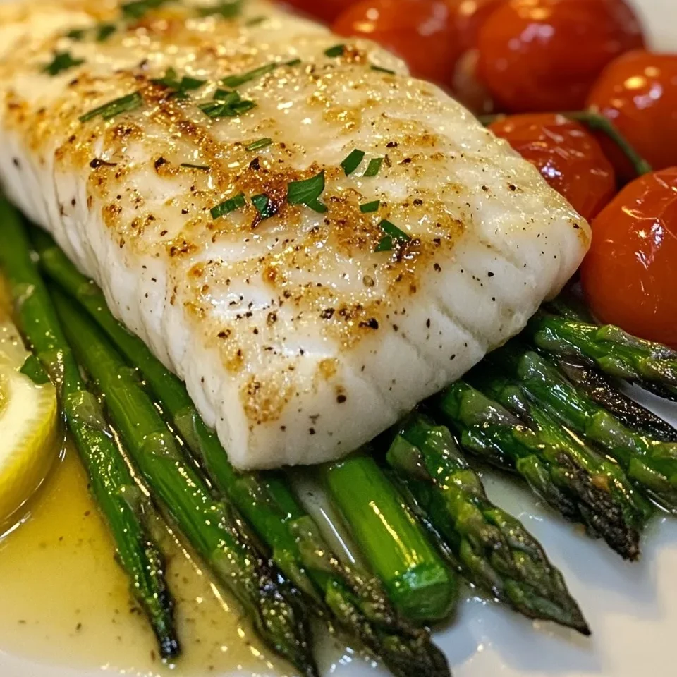 Pescado Blanco con Mantequilla de Ajo, Espárragos Asados y Tomates Cherry