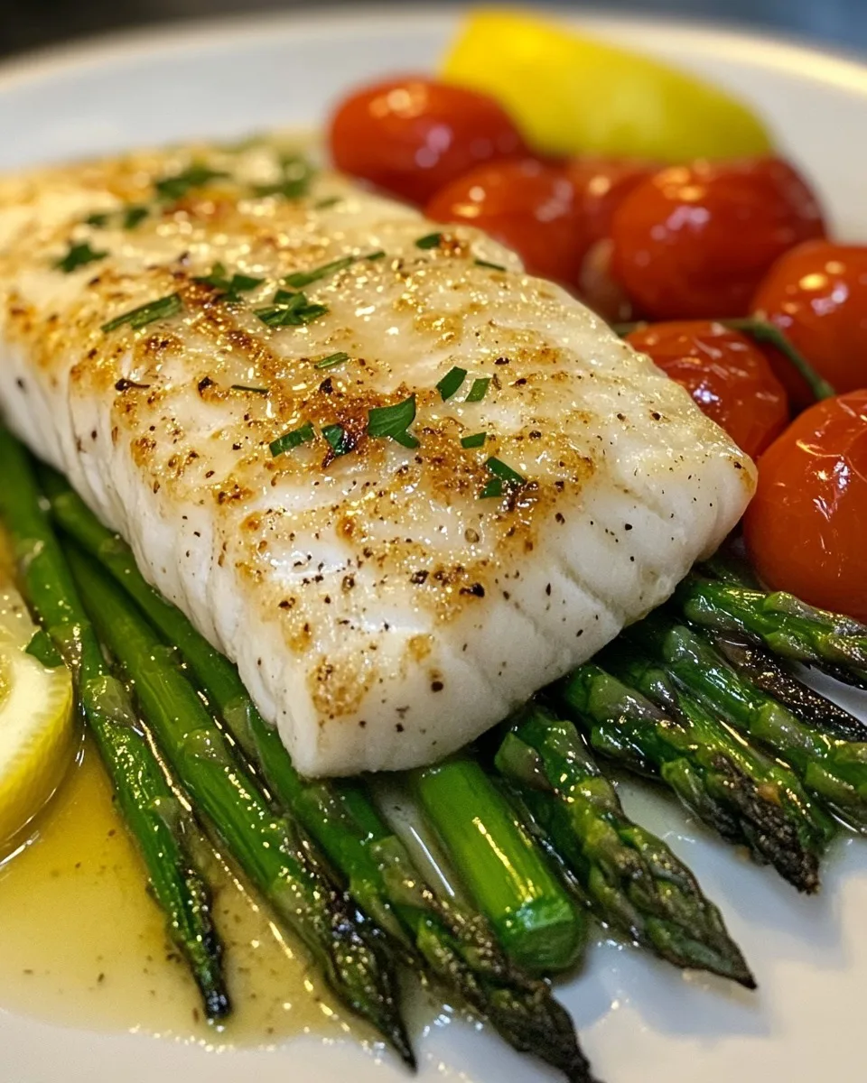 Pescado Blanco con Mantequilla de Ajo, Espárragos Asados y Tomates Cherry