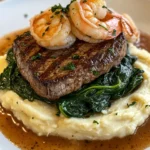 Bistec Sellado con Camarones Cremosos Cajún, Espinacas Salteadas y Puré de Papas Yukon