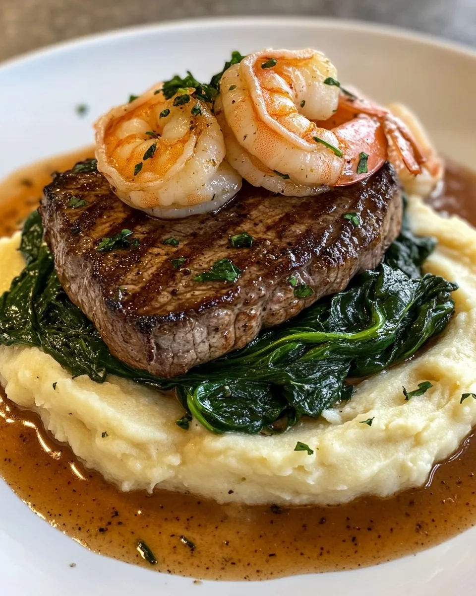 Bistec Sellado con Camarones Cremosos Cajún, Espinacas Salteadas y Puré de Papas Yukon