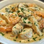 Pollo y Camarones con Salsa de Crema de Ajo y Hierbas