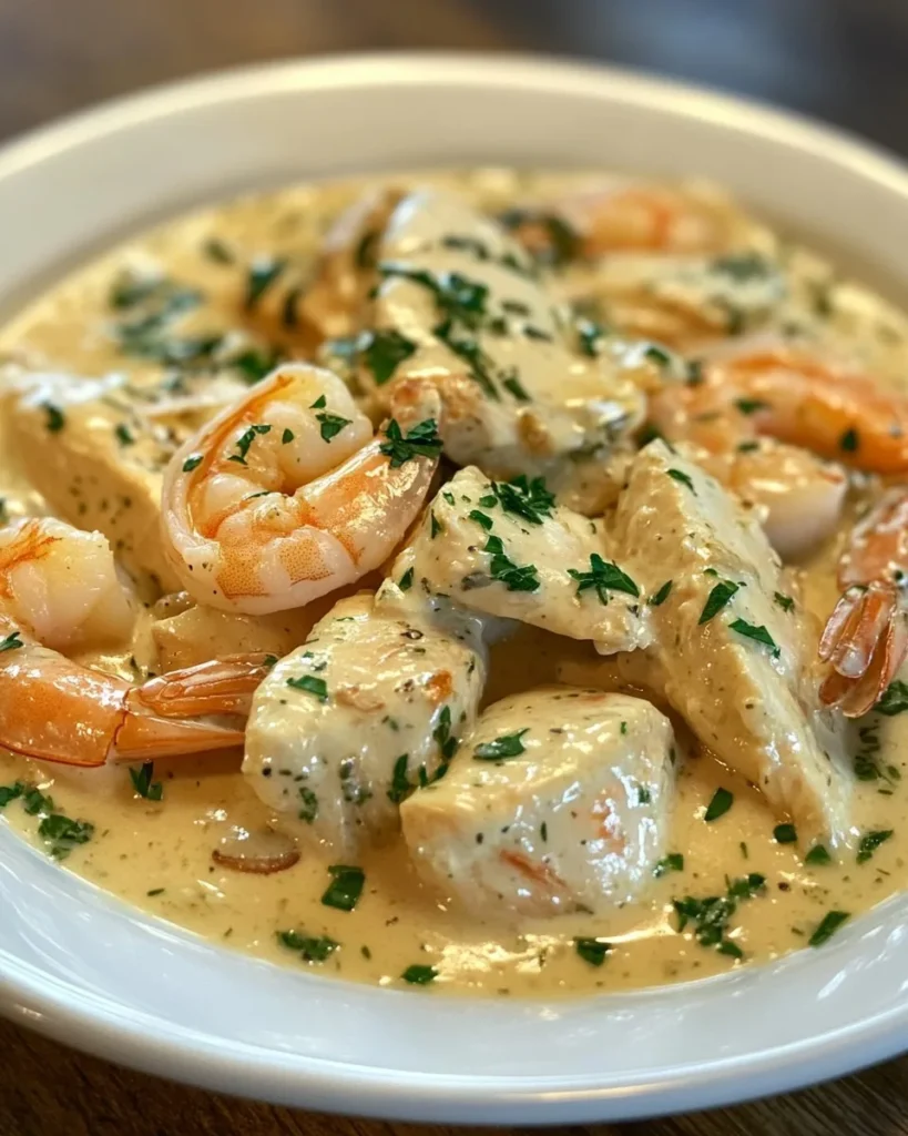 Pollo y Camarones con Salsa de Crema de Ajo y Hierbas