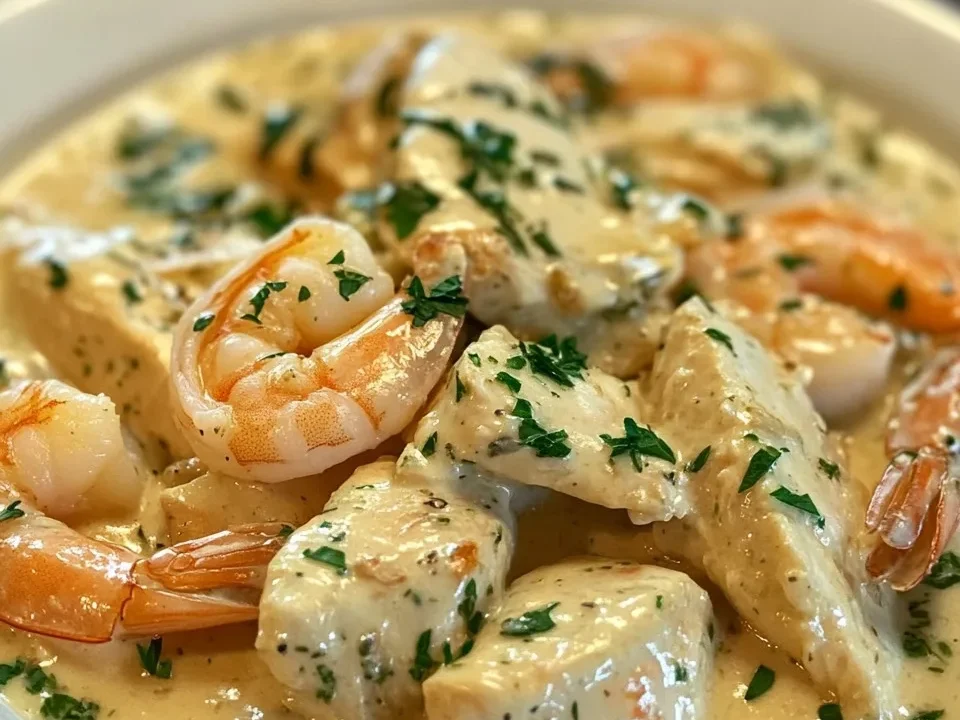 Pollo y Camarones con Salsa de Crema de Ajo y Hierbas