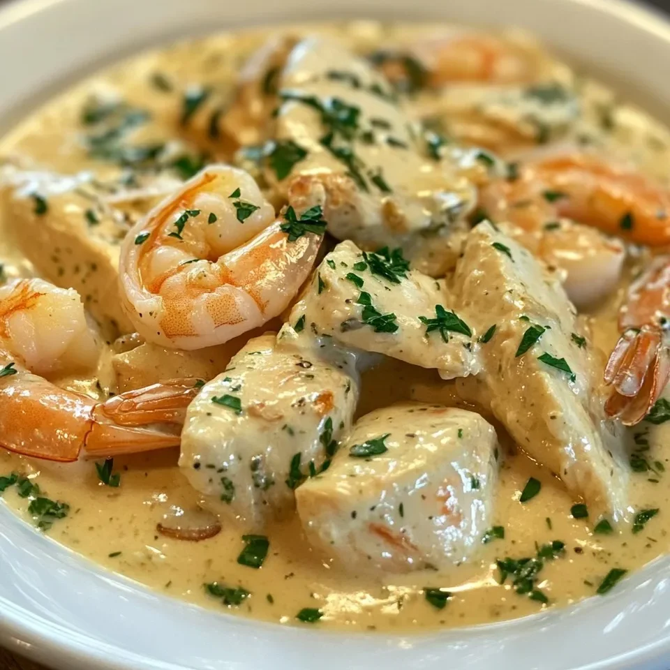 Pollo y Camarones con Salsa de Crema de Ajo y Hierbas
