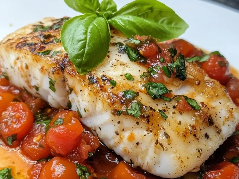 Bacalao Mediterráneo a la Sartén con Salsa de Tomate y Albahaca