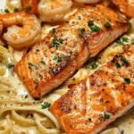Fettuccine Alfredo Cremoso con Salmón Sellado y Camarones a la Parrilla