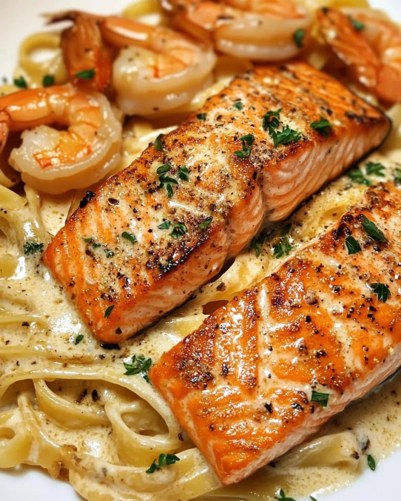 Fettuccine Alfredo Cremoso con Salmón Sellado y Camarones a la Parrilla