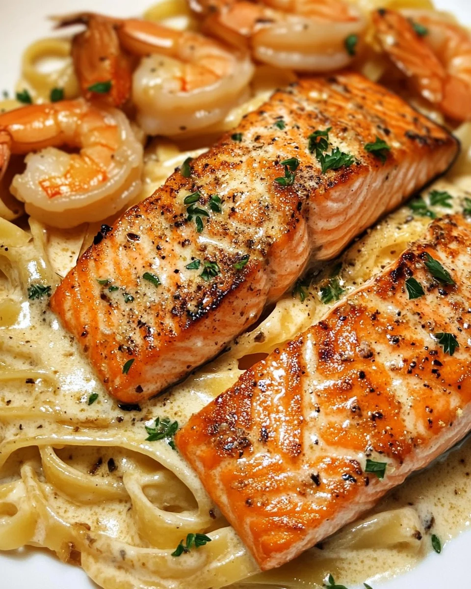 Fettuccine Alfredo Cremoso con Salmón Sellado y Camarones a la Parrilla