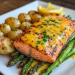Salmón a la Parrilla con Papas Asadas y Espárragos con Queso
