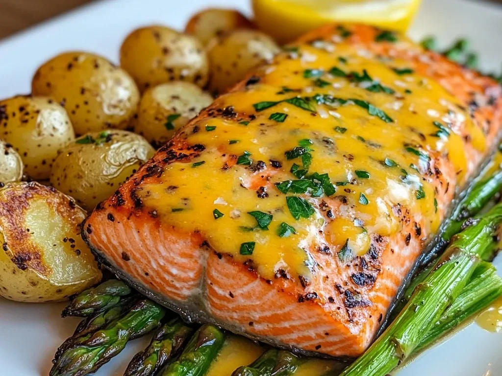 Salmón a la Parrilla con Papas Asadas y Espárragos con Queso
