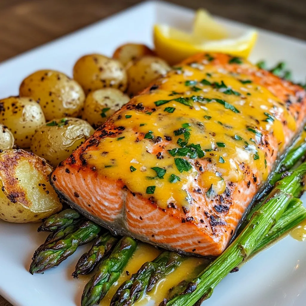 Salmón a la Parrilla con Papas Asadas y Espárragos con Queso