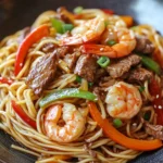 Fideos Salteados con Camarones y Carne de Res