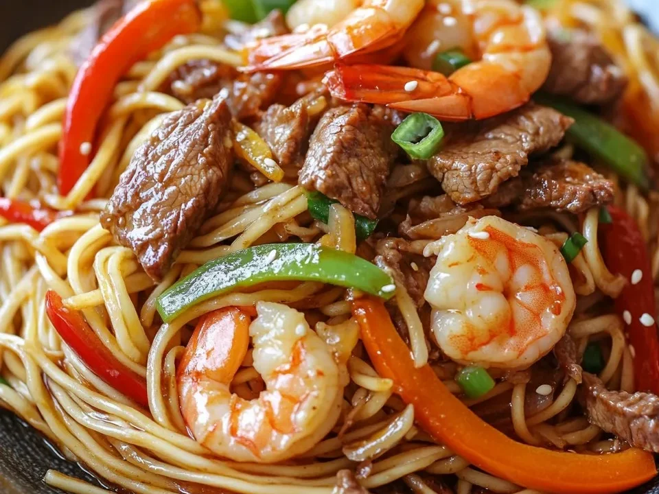 Fideos Salteados con Camarones y Carne de Res