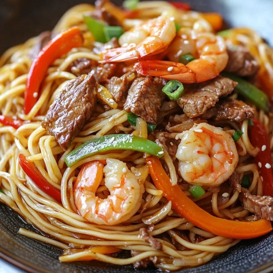 Fideos Salteados con Camarones y Carne de Res