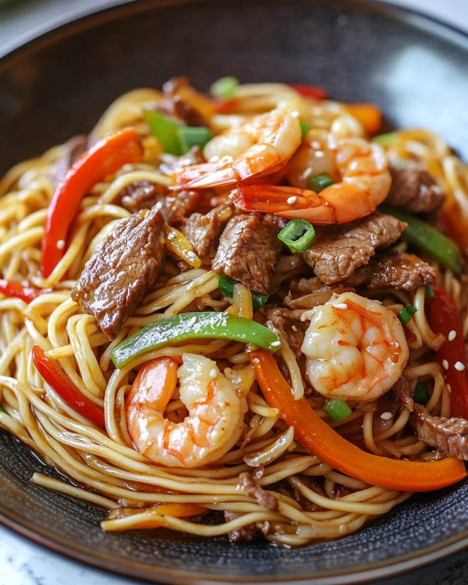 Fideos Salteados con Camarones y Carne de Res