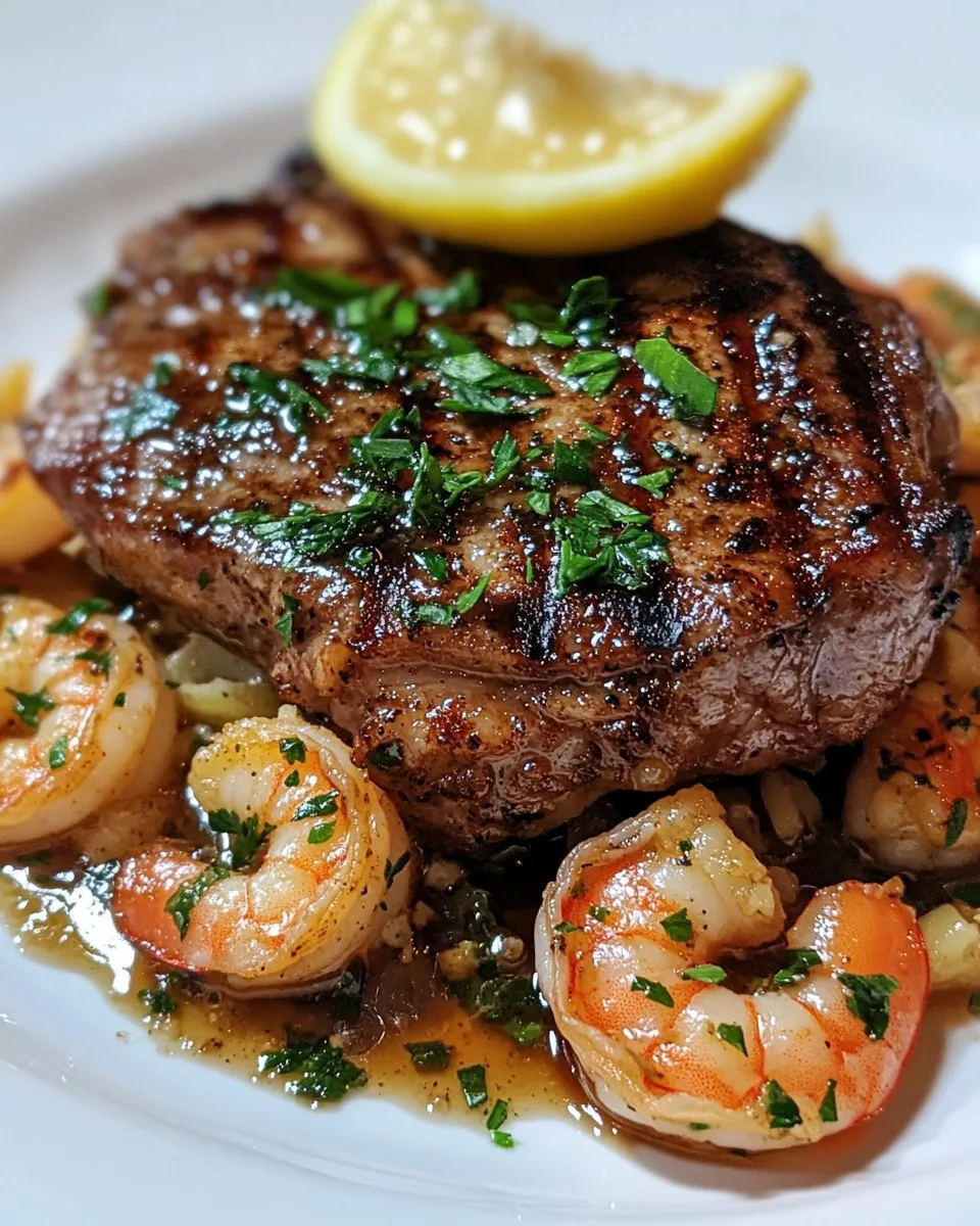 Camarones al Ajillo con Bistec a la Parrilla