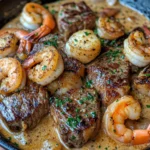Sartén de Carne y Mariscos con Salsa de Crema de Ajo y Parmesano