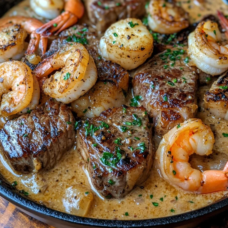 Sartén de Carne y Mariscos con Salsa de Crema de Ajo y Parmesano