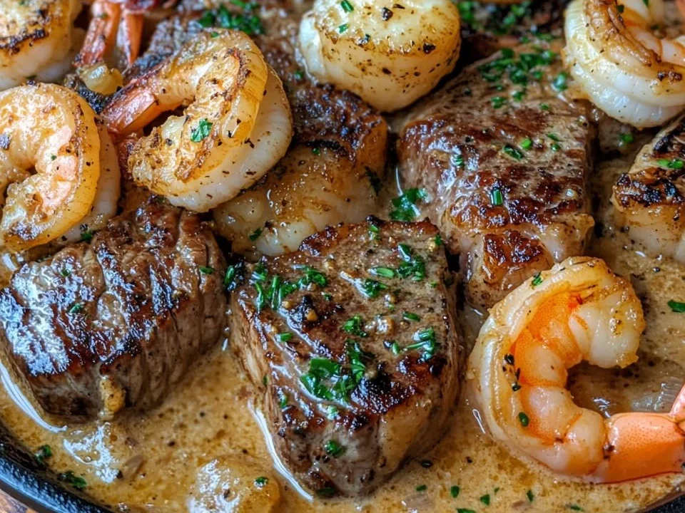 Sartén de Carne y Mariscos con Salsa de Crema de Ajo y Parmesano
