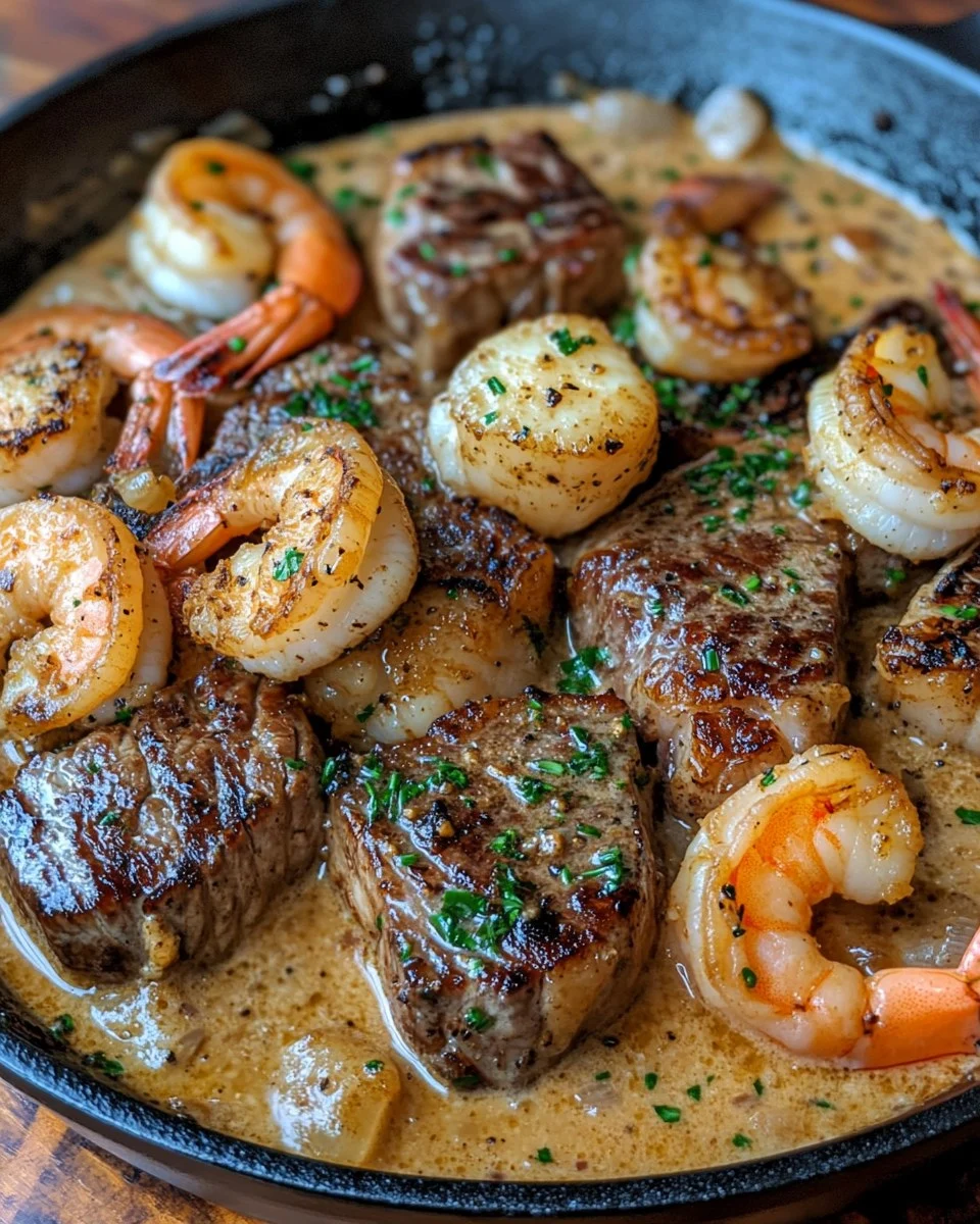 Sartén de Carne y Mariscos con Salsa de Crema de Ajo y Parmesano