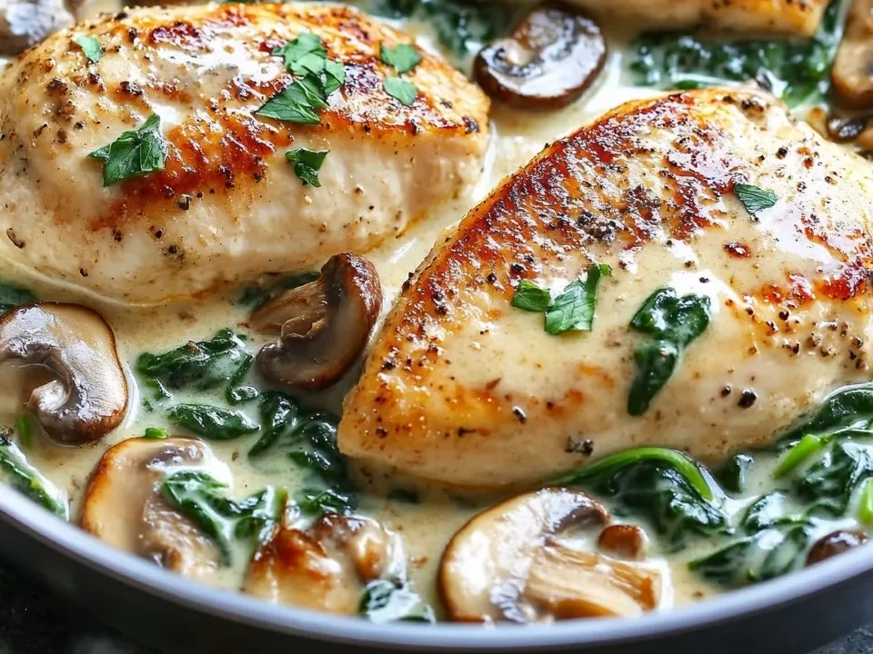 Pollo con Espinacas y Champiñones en Salsa Cremosa de Parmesano