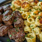 Bocados de Bistec con Mantequilla de Ajo y Conchas de Parmesano Cremosas