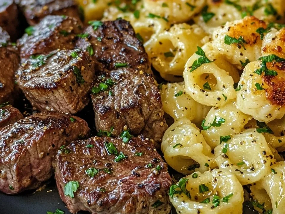 Bocados de Bistec con Mantequilla de Ajo y Conchas de Parmesano Cremosas