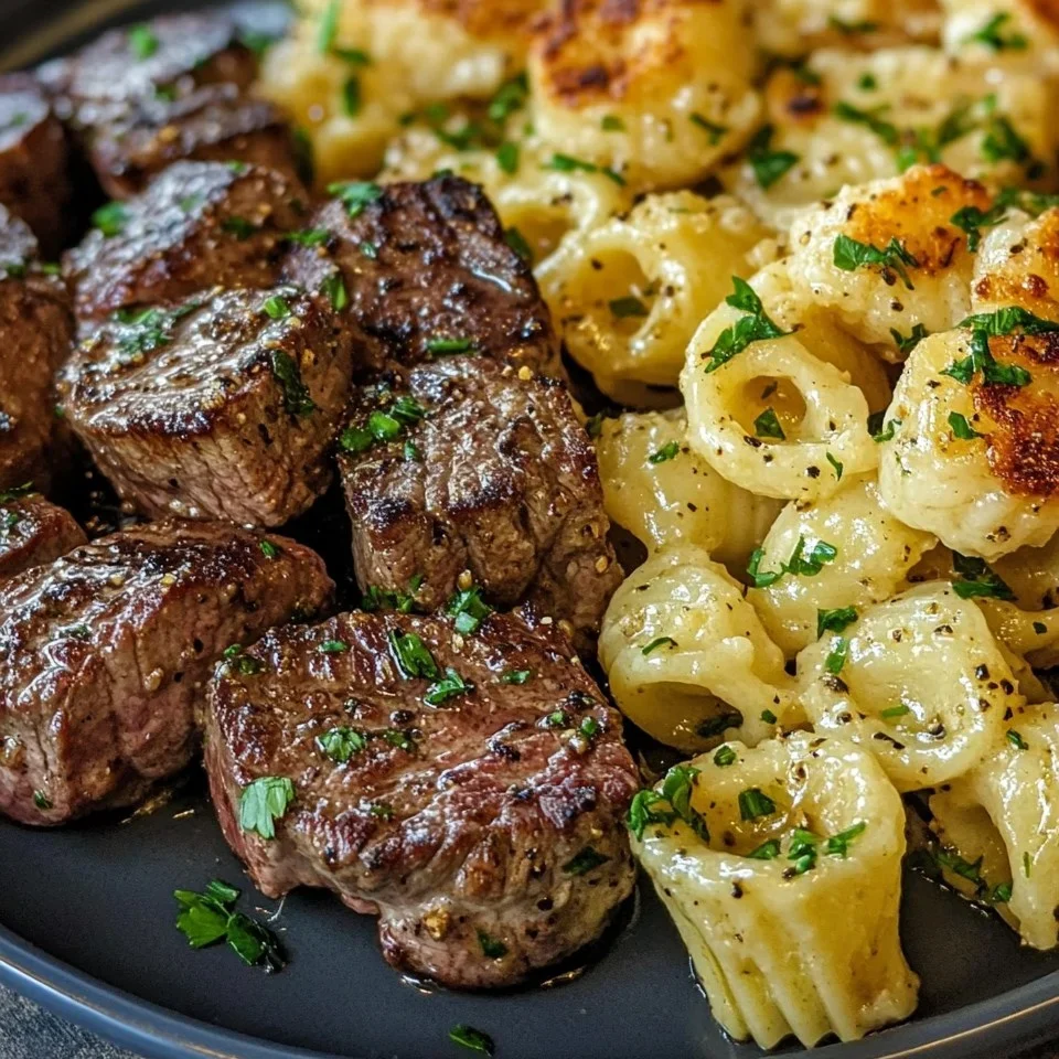 Bocados de Bistec con Mantequilla de Ajo y Conchas de Parmesano Cremosas