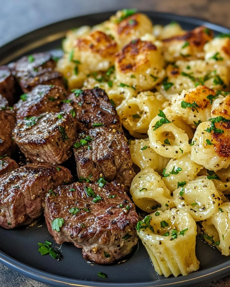 Bocados de Bistec con Mantequilla de Ajo y Conchas de Parmesano Cremosas