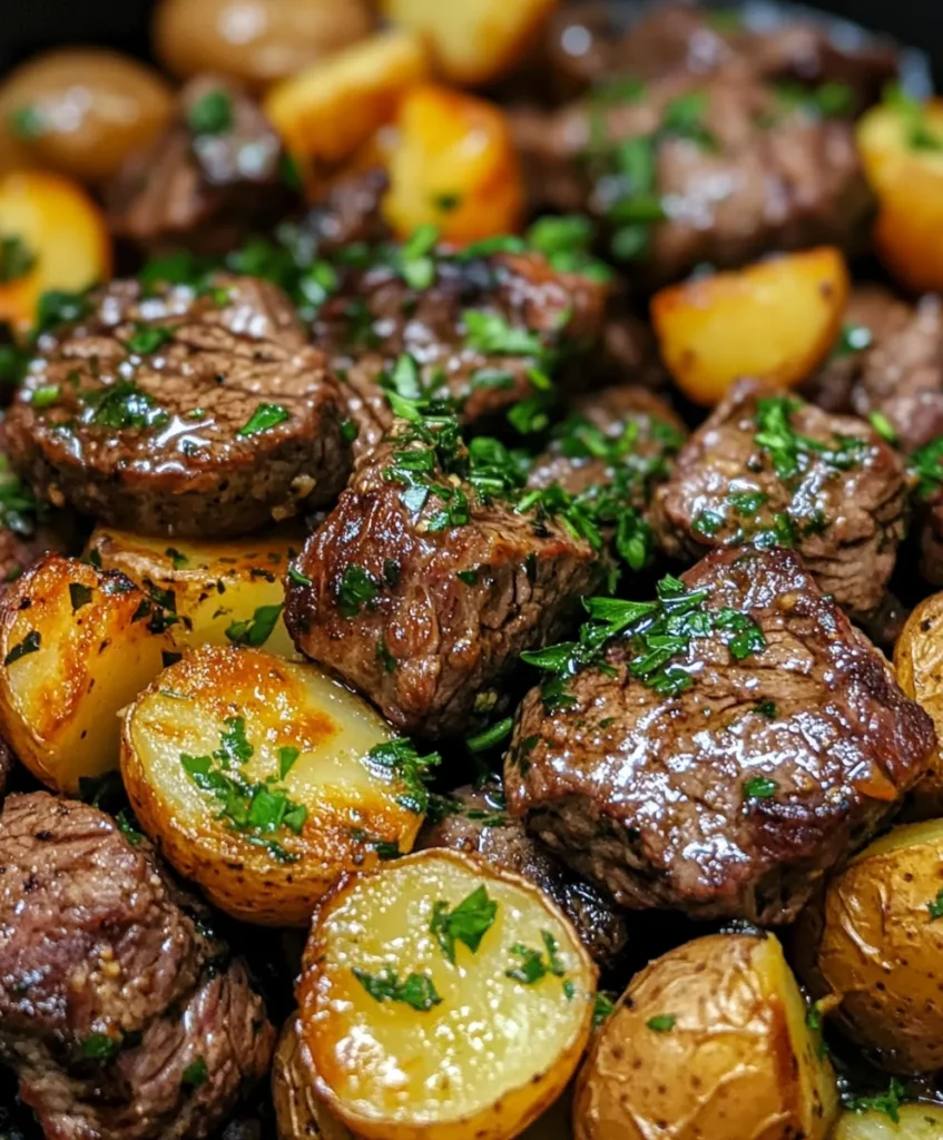 Bocados de carne con mantequilla de ajo y papas
