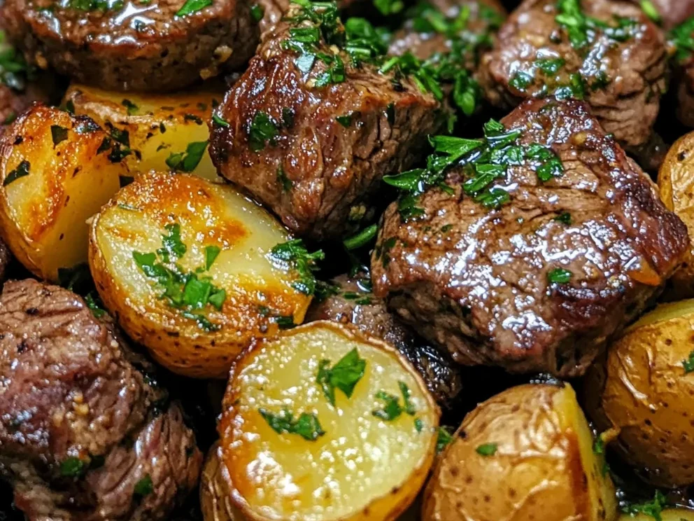 Bocados de carne con mantequilla de ajo y papas