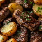 Bocados de carne con mantequilla de ajo y papas