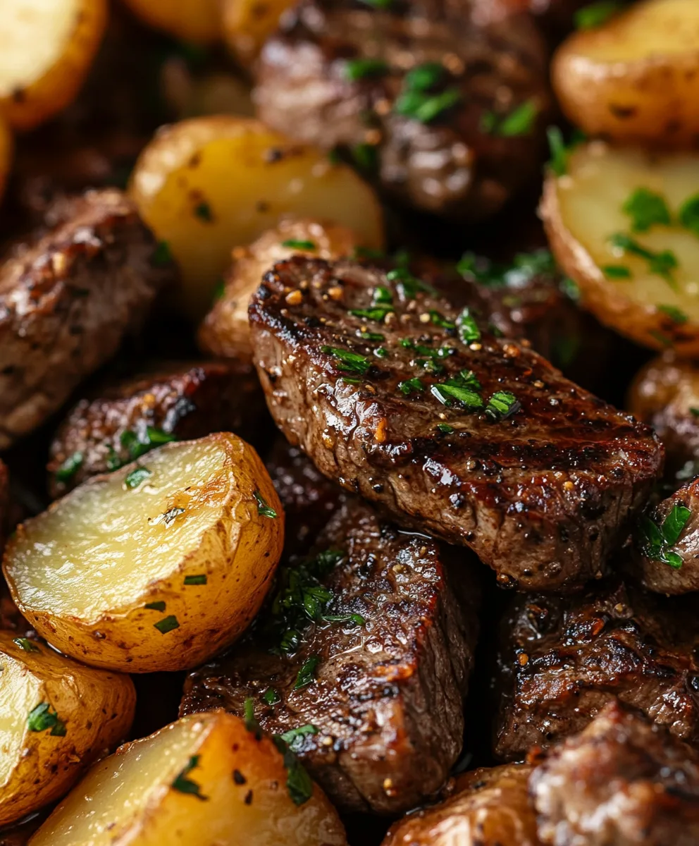 Bocados de carne con mantequilla de ajo y papas