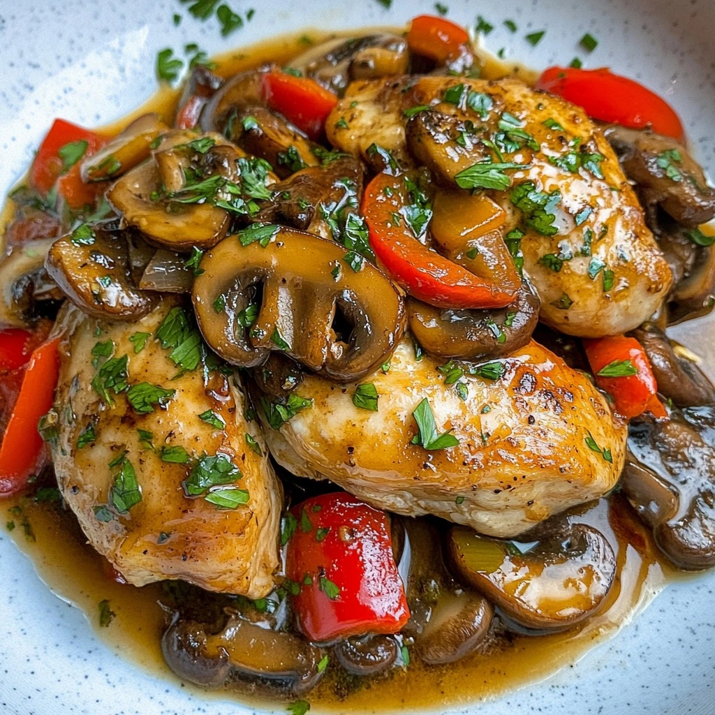 Pollo con Mantequilla de Ajo, Champiñones y Pimientos delicioso.