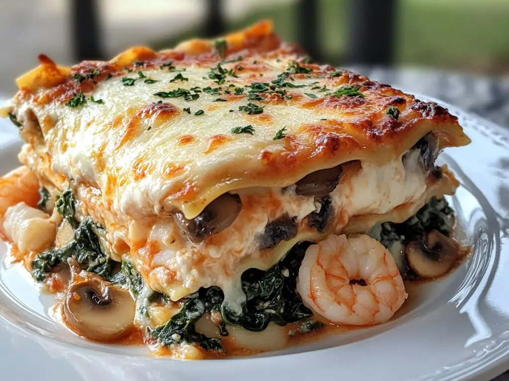 Lasaña de Camarones con Ajo, Espinacas y Champiñones