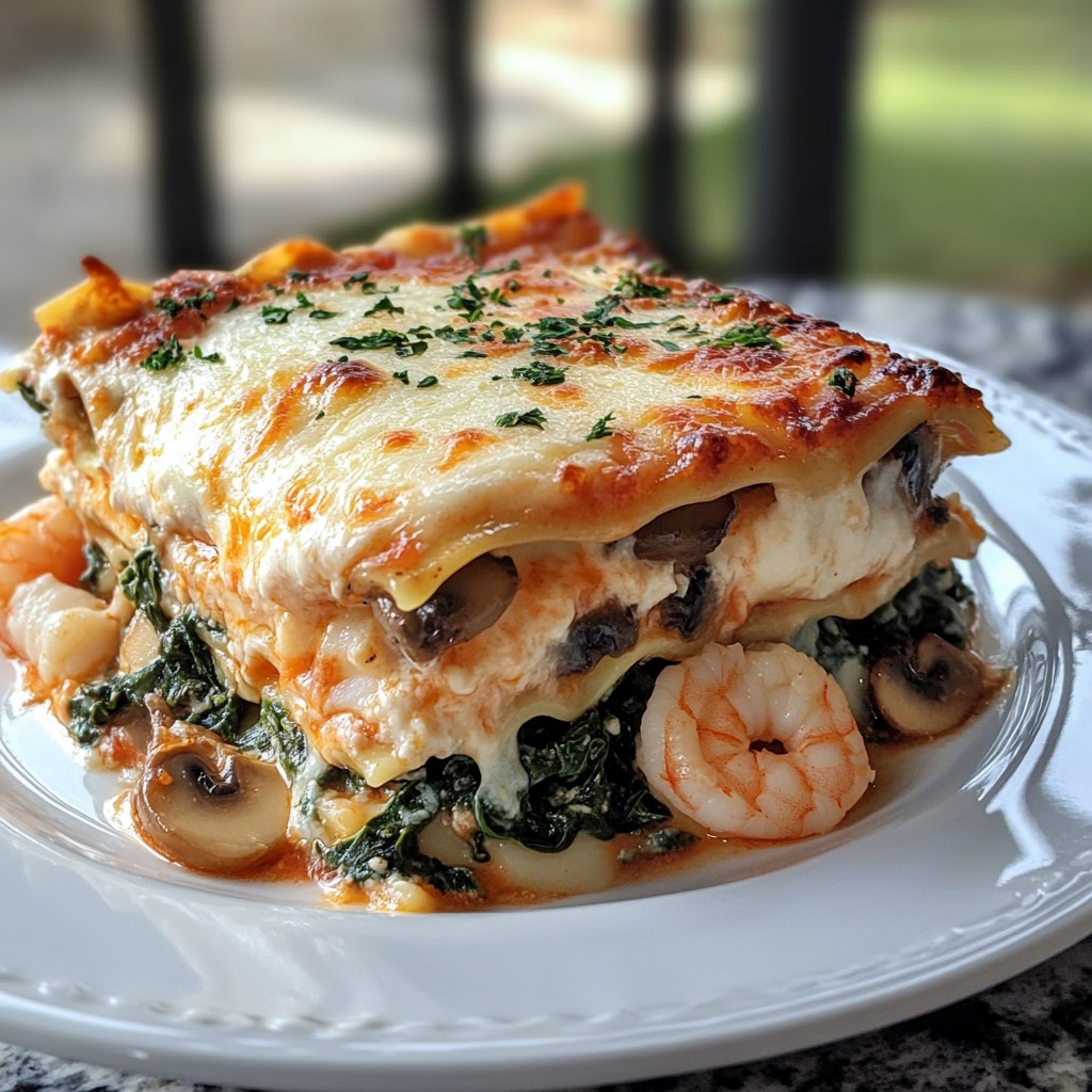 Lasaña de Camarones con Ajo, Espinacas y Champiñones