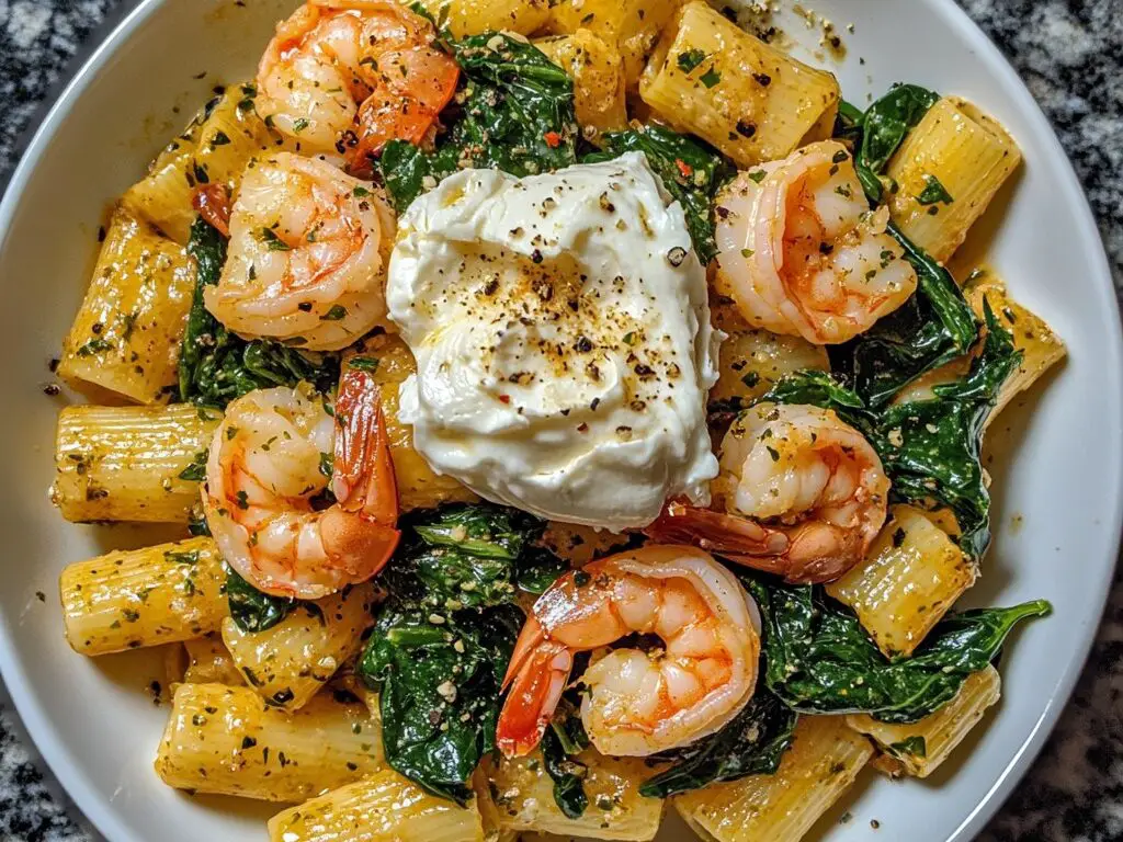 Pasta Rigatoni con Camarones al Ajo y Espinacas con Burrata Cremosa