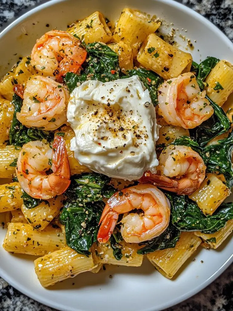 Pasta Rigatoni con Camarones al Ajo y Espinacas con Burrata Cremosa