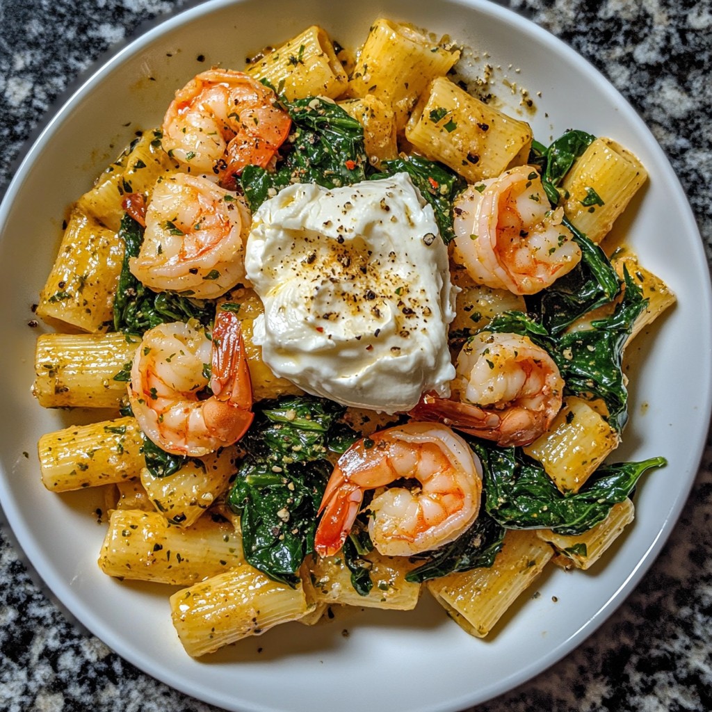 Pasta Rigatoni con Camarones al Ajo y Espinacas con Burrata Cremosa
