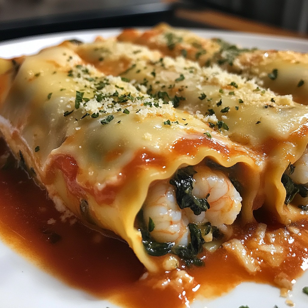 Rollos de Pasta Rellenos de Camarones y Espinacas